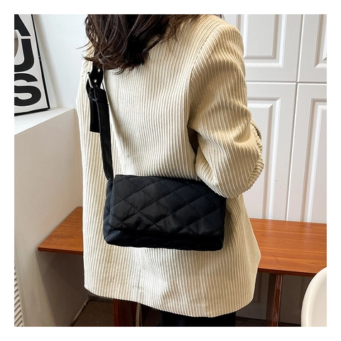 Women Nylon Quilted Diamond Crossbody Bag Flap Small Square Shoulder Bag With Wide Adjustable Strap Urban Minimalist