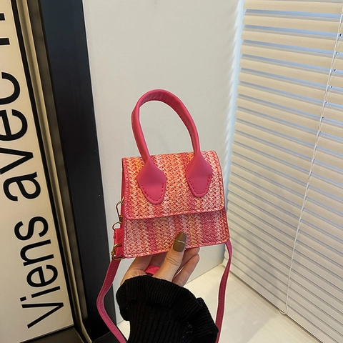 Mini Woven Crossbody Handbag Tweed Texture PU Leather Striped Retro Bohemian Style Micro Square Bag For Women
