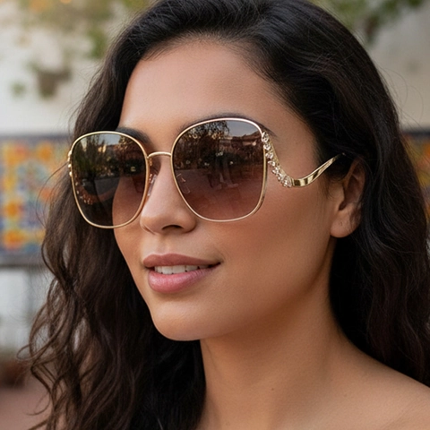 Oversized Square Sunglasses For Women Metal Frame Rhinestone Gradient Lenses UV400 Fashion Vintage Eyewear