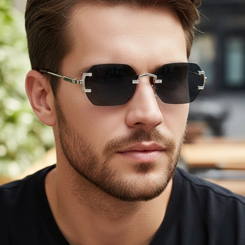 Geometric Rimless Sunglasses Metal Frame UV Protection PC Lens Square Cut Edge Fashion Outdoor Eyewear For Men Women