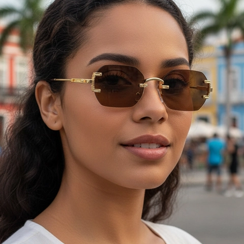 Geometric Rimless Sunglasses Metal Frame UV Protection PC Lens Square Cut Edge Fashion Outdoor Eyewear For Men Women
