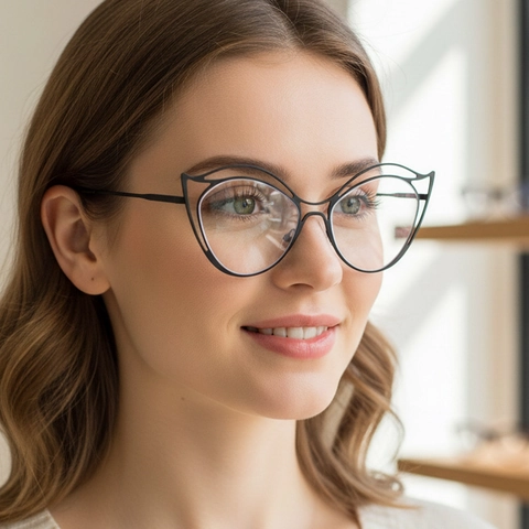 Women's Irregular Cat Eye Anti Blue Light Glasses Metal Hollow Out Frame Fashion Clear Lens Eyeglasses Street Style