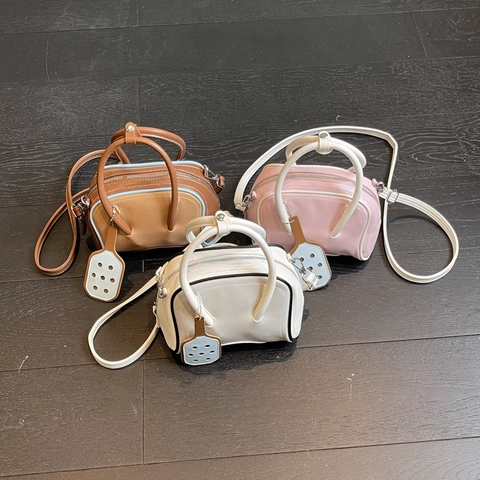 Women Japanese Style PU Leather Boston Handbag Contrast Color Commuting Shoulder Crossbody Bag With Paddle Charm