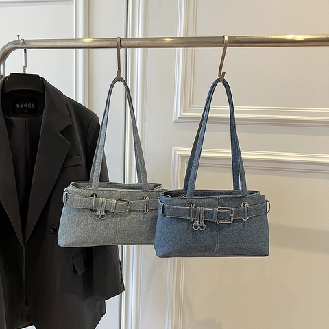 Vintage Denim Schoudertas Retro Y2K Okseltas Met Metalen Gesp Casual Chique Voor Dames Blauw