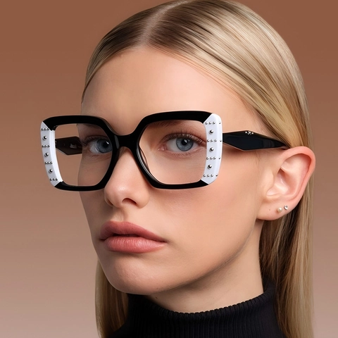 Occhiali Da Sole Quadrati Oversize Montatura PC Rivetti Metallici Decorazioni Strass Protezione UV400 Per Uomo Donna