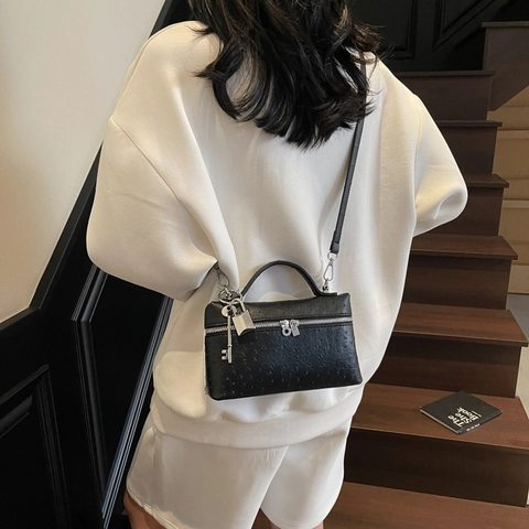 Ostrich Pattern PU Leather Handbag Women Small Box Crossbody Bag Metal Lock Key Pendant Fashion Solid Color Shoulder Bag
