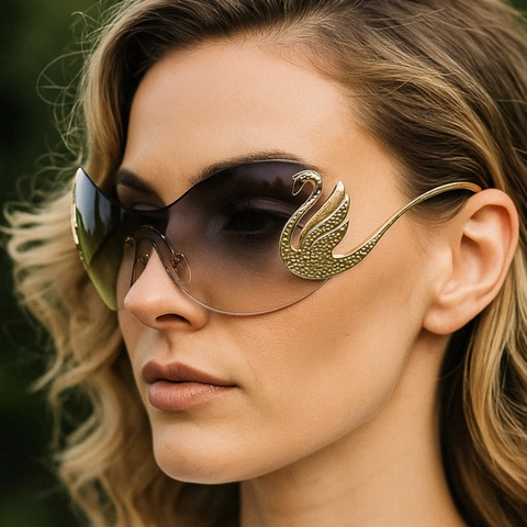 Rimless One Piece Sunglasses Trendy Swan Metal Frame UV400 Gradient Lens Fashion Eyewear For Women Party Travel