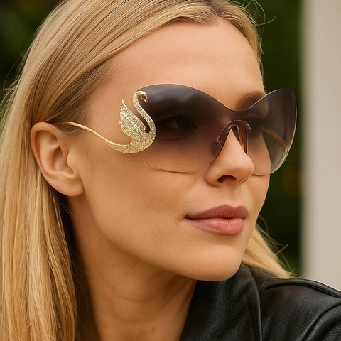 Rimless One Piece Sunglasses Trendy Swan Metal Frame UV400 Gradient Lens Fashion Eyewear For Women Party Travel