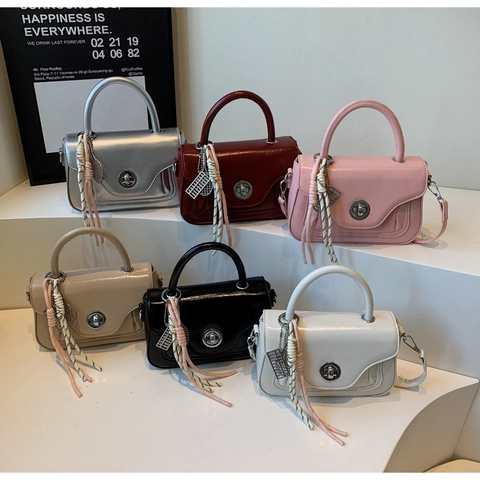 Glossy PU Leather Handbag Women Small Square Crossbody Bag With Metal Lock And Decorative Scarf Shoulder Messenger Bag