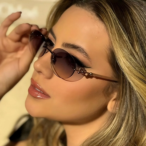 Modieuze Randloze Ovale Zonnebril Metalen Montuur Verloopglazen Retro Streetstyle Reizen Buitenshuis Brillen Heren Dames