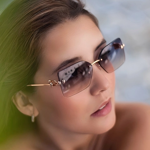 Rimless Fashion Sunglasses Square Metal Chain Temples UV400 Gradient PC Lens Streetwear Eyewear For Men Women