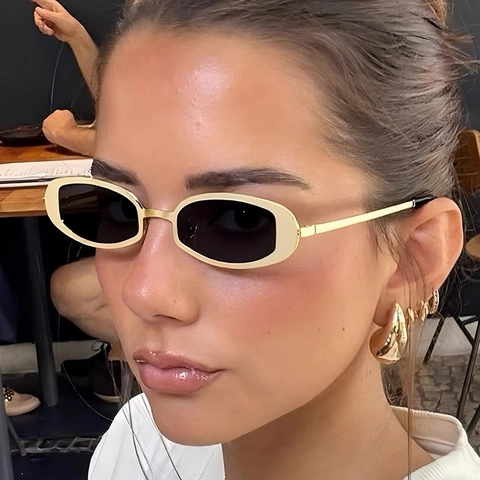 Lunettes De Soleil Rétro Y2K À Monture Ovale Étroite Protection UV400 Monture En Métal Style Punk Pour Hommes Femmes