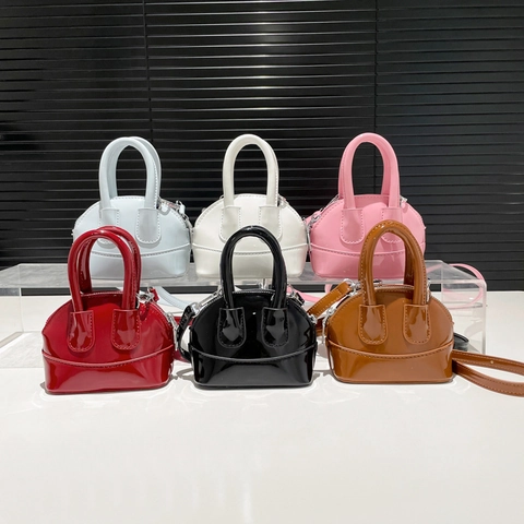 Mini Handbag Shell Shape Shiny PU Patent Leather Crossbody Bag With Top Handle Adjustable Strap Fashion Accessory For Women