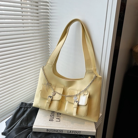 Unterarm Schultertasche PU Leder Metallkette Herz Schleifen Anhänger Taschen Große Kapazität Pendler Y2K Damen