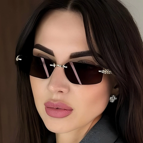 Rimless Sunglasses Metal Textured Temples UV400 Gradient Lenses Polygon Rectangle Punk Fashion Eyewear For Women Men