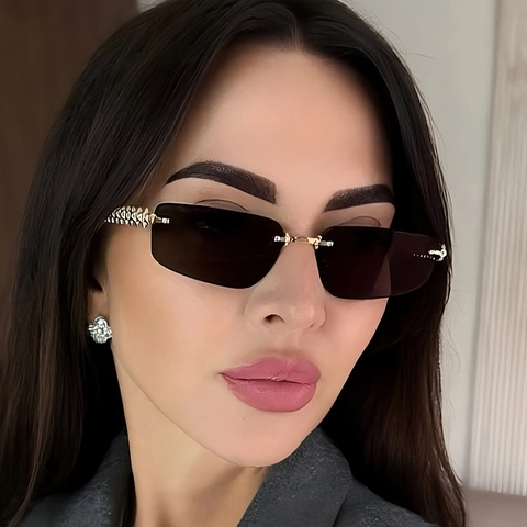 Rimless Sunglasses Metal Textured Temples UV400 Gradient Lenses Polygon Rectangle Punk Fashion Eyewear For Women Men