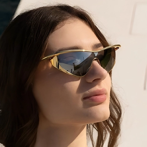 Mode Metall Einteilige Katzenaugen Sonnenbrille Futuristischer Stil UV400 Schutz Für Damen Herren Streetwear Trendy Brille