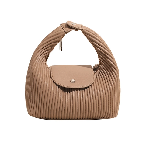 Pleated Handbag PU Leather Vertical Texture Magnetic Flip Shoulder Bag Simple Versatile Commuter Crescent Shape Women