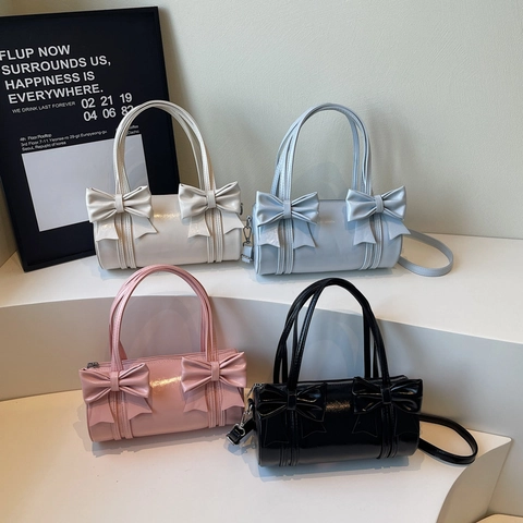 Damen Schleife Tonneau Tasche Glänzendes PU Leder Zylinder Umhängetasche Doppelgriffe Abnehmbarer Gurt Süßer Stil