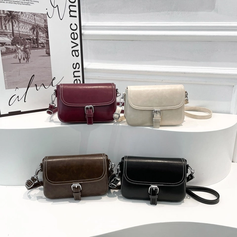Vintage Women Crossbody Bag PU Leather Small Square Shoulder Purse With Contrast Stitching Silver Buckle Retro Style