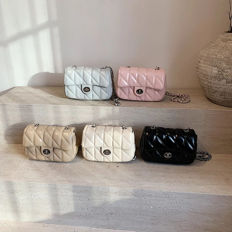 Women Quilted PU Leather Crossbody Bag Metal Chain Strap Glossy Flap Square Shoulder Bag Turn Lock Elegant Casual