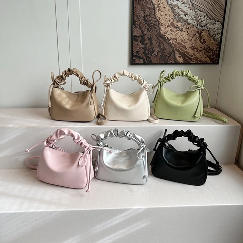Ruched Handle Crossbody Bag Soft PU Leather Cloud Style Handbag Side Drawstring Bow Shoulder Bag Women Urban Chic