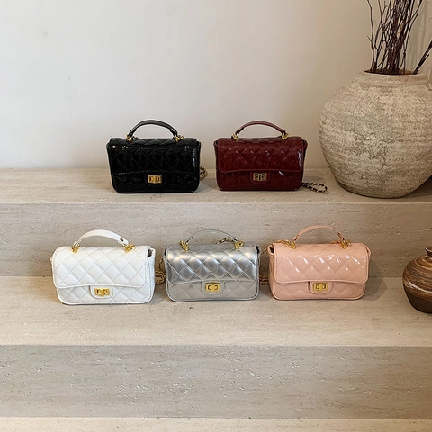 Women Quilted Patent PU Leather Crossbody Bag Small Square Handbag With Metal Chain Strap And Turn Lock For Daily Fashion
