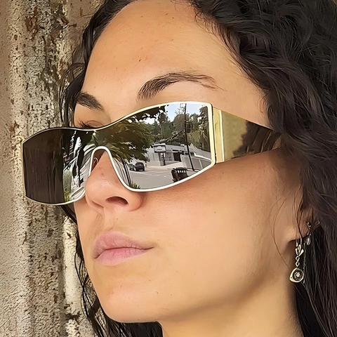 Occhiali Da Sole Integrati Oversize Moda Montatura In Metallo Y2K Pilot Shield UV400 Protezione Ciclismo Per Uomo Donna