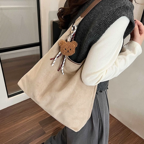 Women Large Capacity Suede Hobo Tote Bag Minimalist Retro Shoulder Bag With Bear Charm Satin Scarf For Commuting Daily Handbag