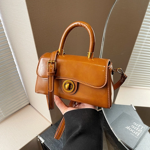 Retro PU Leather Small Square Bag With Top Handle Golden Circular Turn Lock Adjustable Shoulder Strap Women Crossbody Bag
