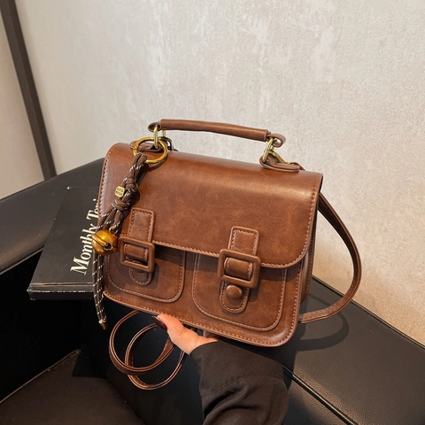 Women Vintage PU Leather Crossbody Bag Small Square Satchel Shoulder Bag With Top Handle Fashion Commuting Handbag Brown