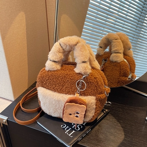Borsa A Tracolla In Peluche Donna Borsa A Mano Lana D'Agnello Colore A Contrasto Borsa Rotonda Con Ciondolo Pane Toast Carino