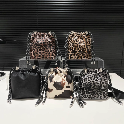 Mujer PU Cuero Bolso Cubo Moda Estampado Animal Cordón Bolso Bandolera