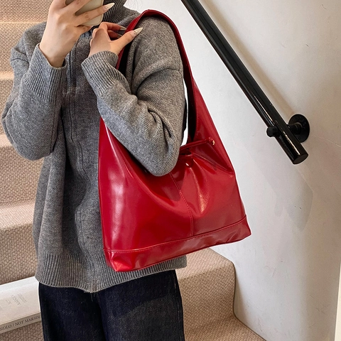 Women Large Capacity Hobo Shoulder Bag High Gloss PU Leather Bow Knot Trendy Urban Simple Casual Commuter Tote