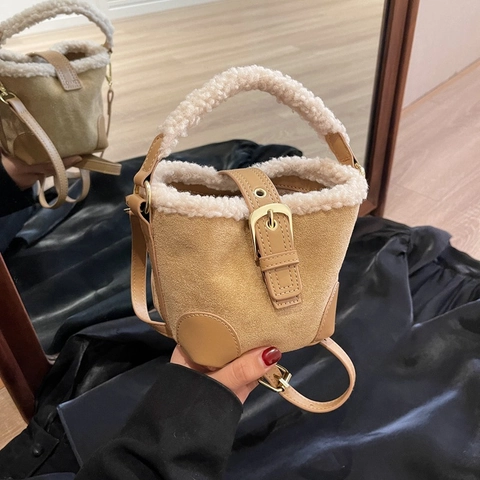 Mini Borsa A Secchiello Donna PU Scamosciato Sintetico Bordo In Pelliccia Sintetica Vintage Invernale Borsa A Tracolla Regolabile