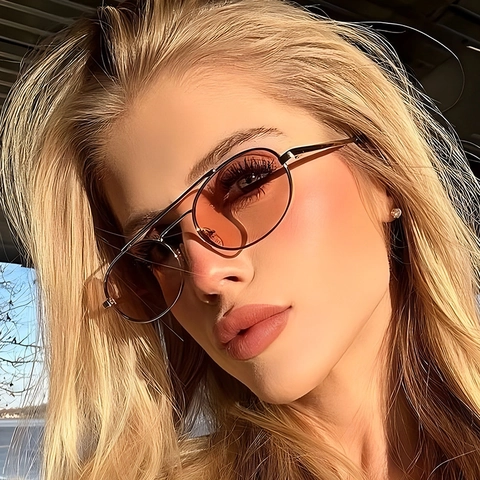 Gafas De Sol Ovaladas Retro Montura Metal UV400 Doble Puente Moda Exterior Unisex Vintage