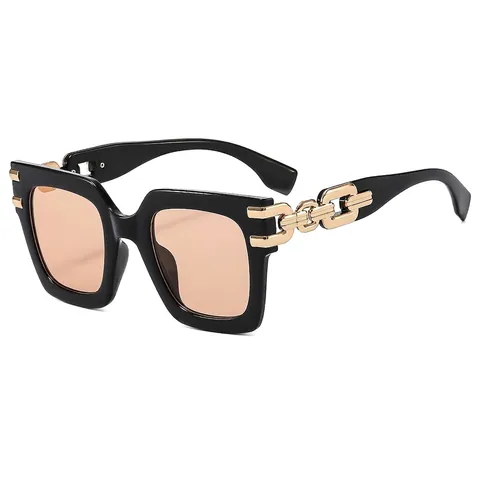 Oversized Square Sunglasses Women UV400 Protection PC Frame Decorative Golden Metal Chain Temples Trendy Fashion Eyewear