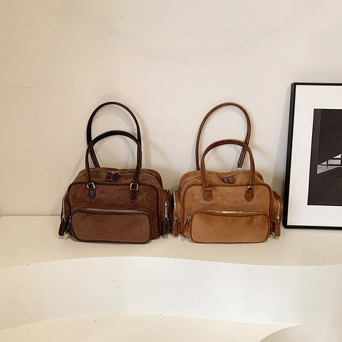 Vintage Women Frosted PU Leather Shoulder Bag Large Capacity Multi Pocket Boston Tote Handbag Retro Solid Color Commuting Bag