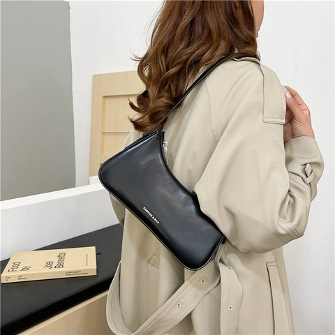 Bolso De Hombro Baguette Axilar De Cuero PU Color Sólido Minimalista Cierre Cremallera Diario Para Mujer