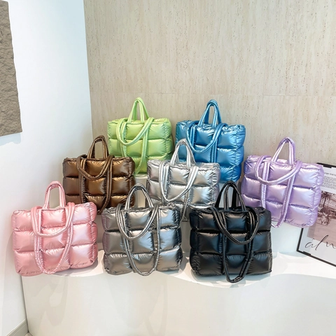 Women Quilted Puffer Tote Bag Metallic Shiny Large Capacity Lightweight Shoulder Bag Padded Handbag Casual Winter Fashion Bags
