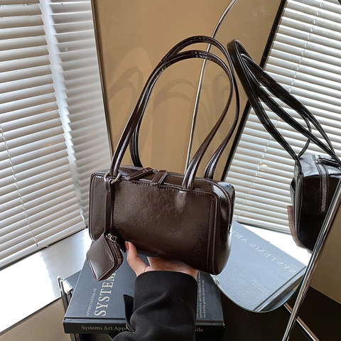Retro Underarm Shoulder Bag Glossy PU Leather With Mini Coin Purse Rectangular Minimalist Urban Fashion Women