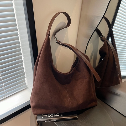 Bolso Tote de Gamuza de Gran Capacidad para Mujer Vintage Minimalista Hobo Bolso de Hombro Correa Ajustable Bolso de Mano Color Sólido