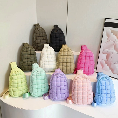 Minimalist Quilted Puff Chest Bag For Women Casual Nylon Crossbody Bag Solid Color Fashion Daily Shoulder Sling Bag