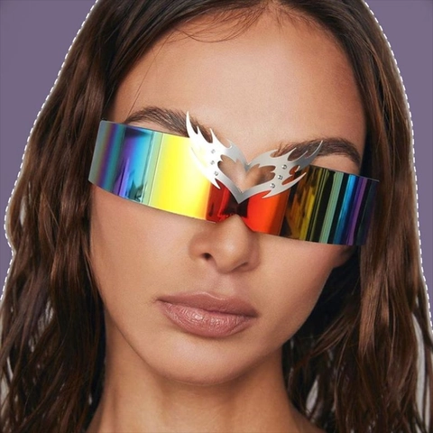One-Piece Shield Sonnenbrille PC Rahmen Metall Flamme Herz Dekor Y2K Cyberpunk Stil Festival Party Brillen Unisex