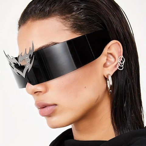 One-Piece Shield Sonnenbrille PC Rahmen Metall Flamme Herz Dekor Y2K Cyberpunk Stil Festival Party Brillen Unisex