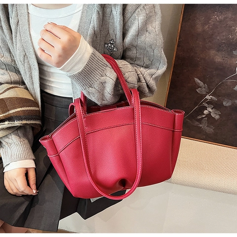 Bolso Tote Grande Para Mujer De Cuero PU Con Textura De Lichi Bolso De Hombro Vintage Con Costuras En Contraste Bolso Minimalista