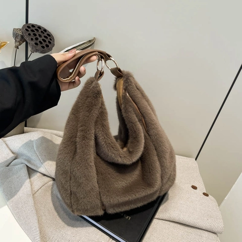 Women Faux Fur Hobo Bag Large Capacity Plush Shoulder Tote Handbag With PU Leather Handle For Autumn Winter Chic