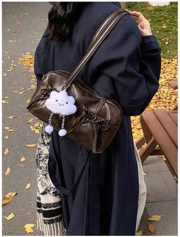 Women Vintage PU Leather Underarm Bag Bowknot Decor Shoulder Tote Handbag Casual Daily Shoulder Bag With Cloud Plush Pendant