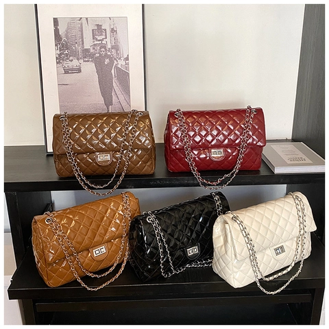 Borsa A Tracolla Trapuntata Con Catena Da Donna Grande Capacità Pelle PU Lucida Rombi Crossbody Chiusura A Girello