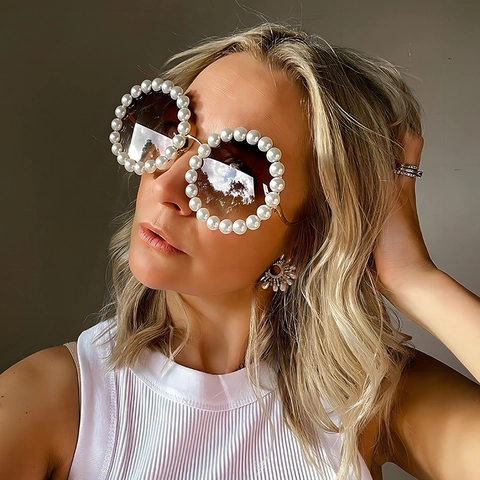 Occhiali Da Sole Rotondi Decorazione Künstliche Perle Metallo Aste Ondulate Protezione UV400 Lusso Elegante Donne